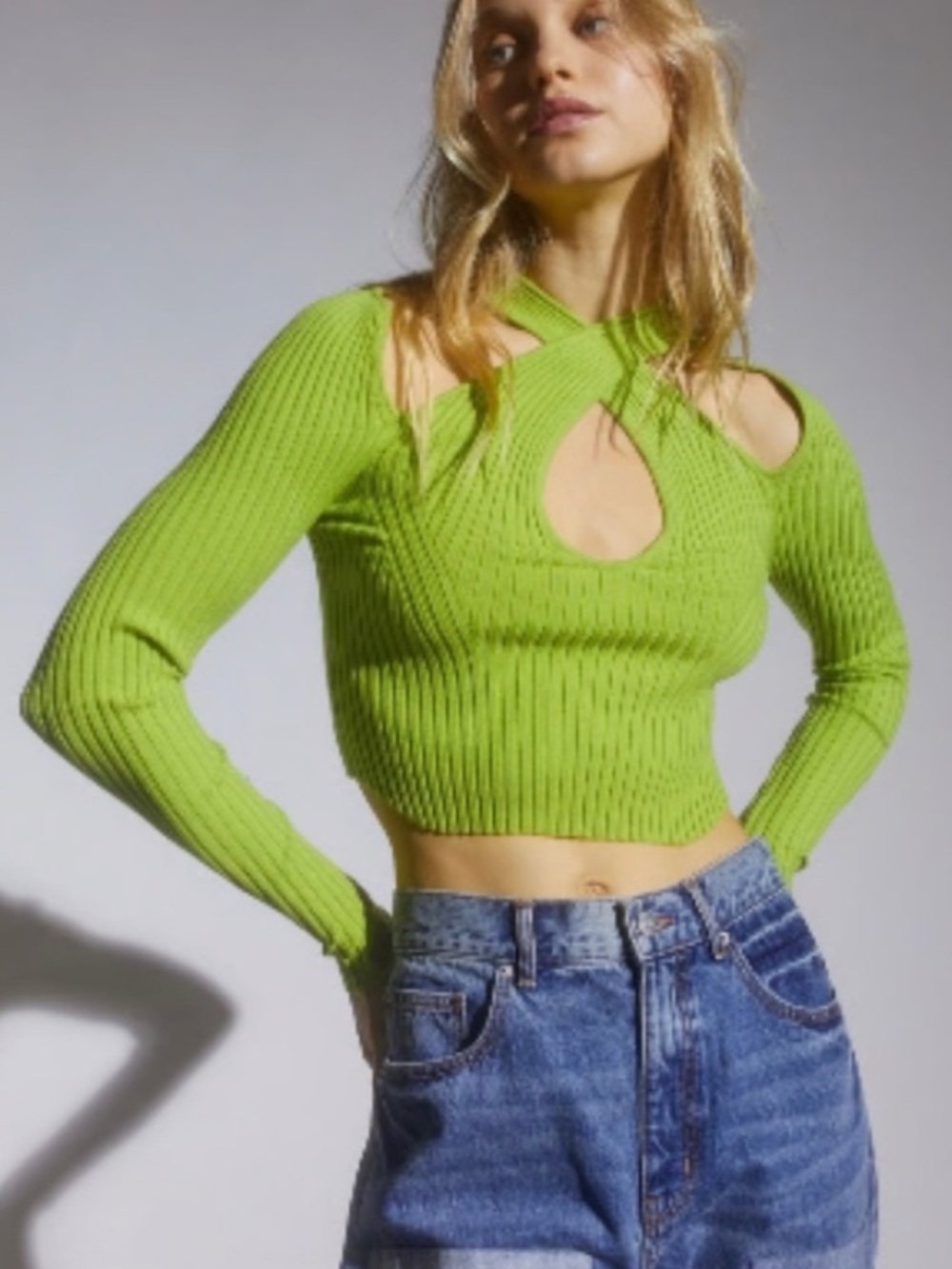 Urban Outfitters Women S Green Y2K Ribbed Convertible Cassandra Cutout Sweater